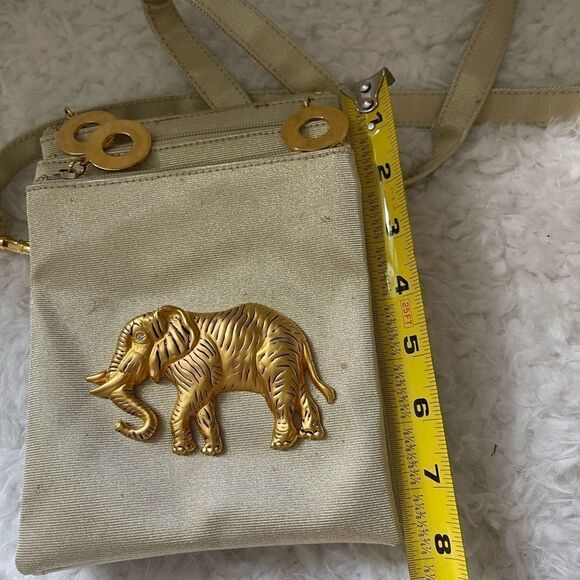 Gold Nylon Crossbody bag with Gold Brass Elephant Attachment & Crystal Eyes - Picture 8 of 11